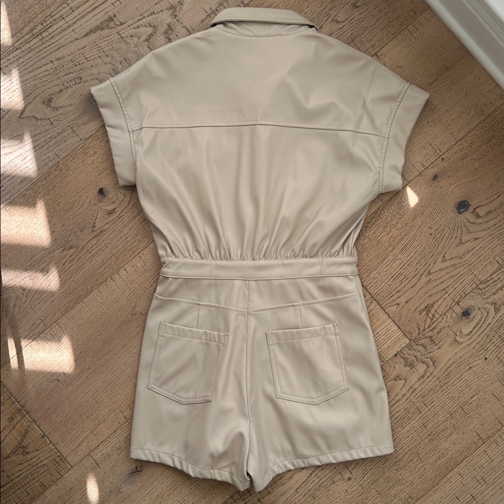 Tan Beige Short Sleeve Pleather Romper Sadie & Sage - Picture 2 of 3